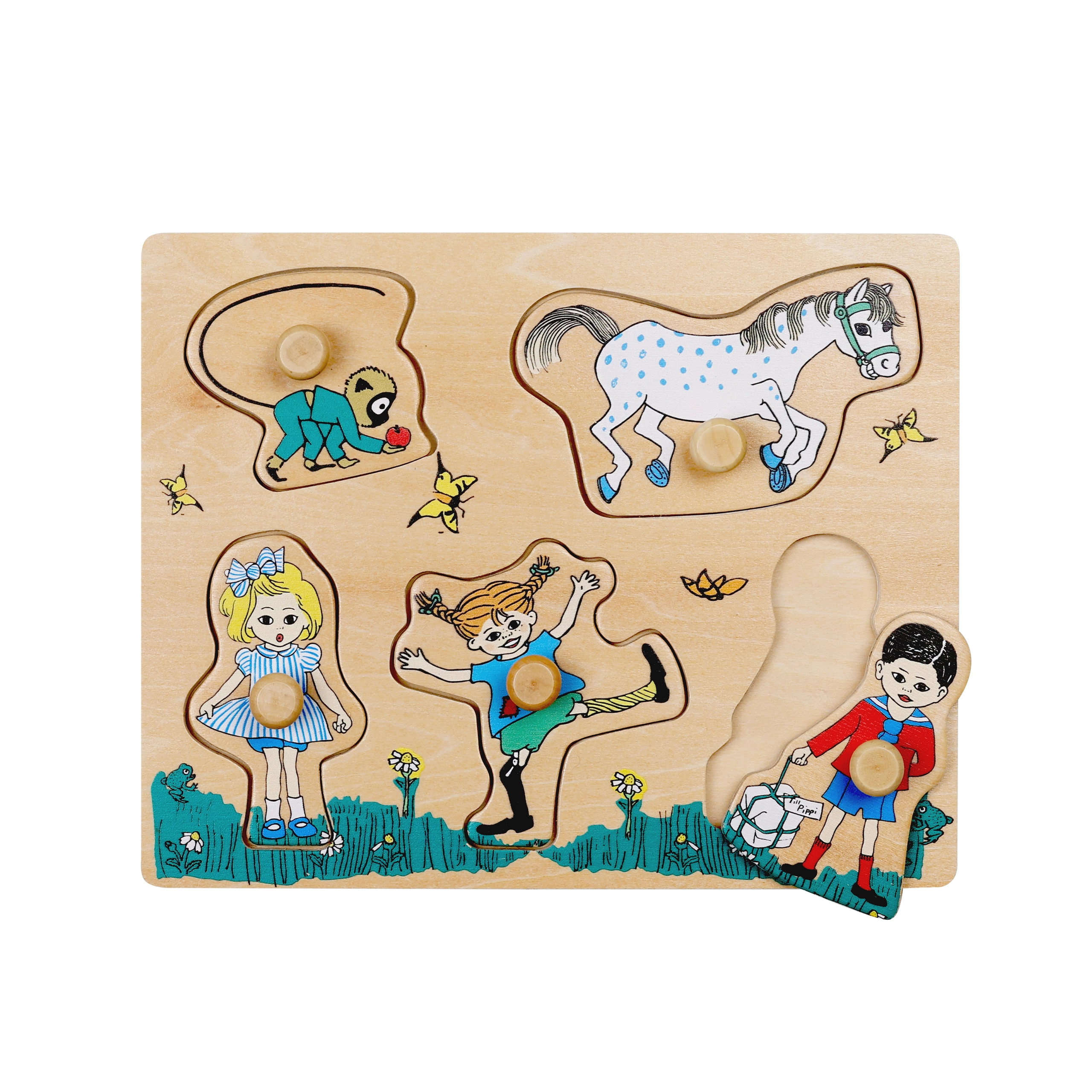 Levně Dřevěné puzzle s úchyty a vkládačkou tvarů Pippi Dlouhá punčocha