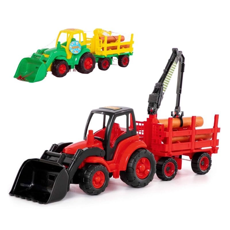 Traktor s čelní lopatou a lesnickým přívěsem