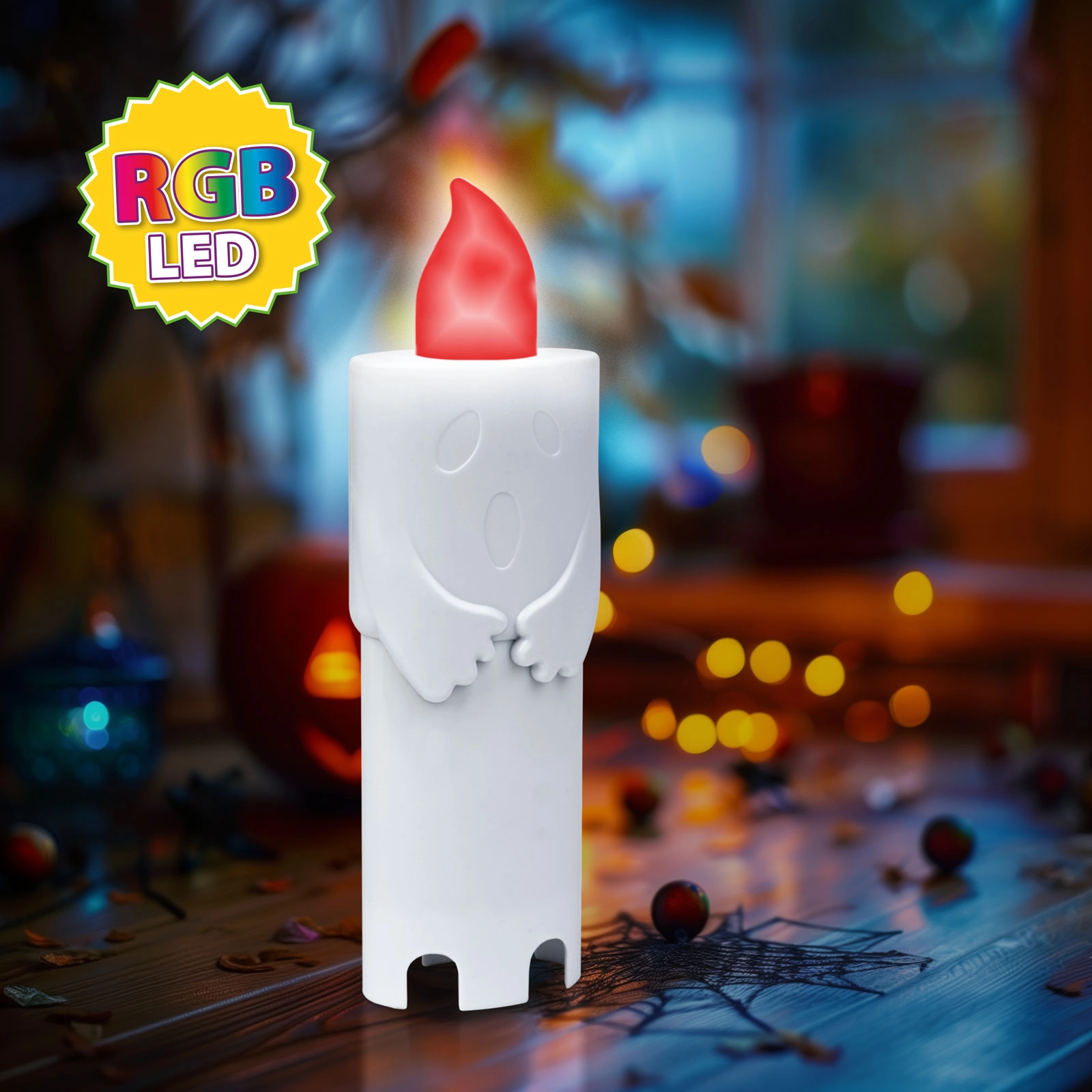 Halloweenský LED lampáš duch s barevným světlem