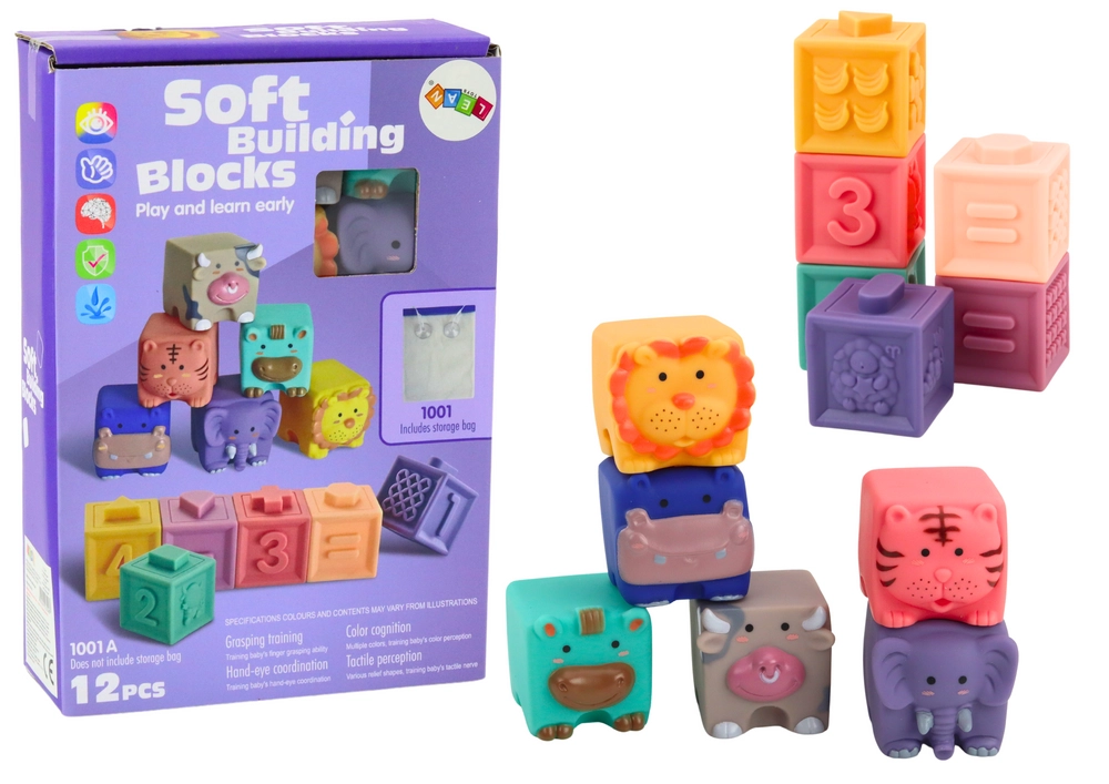 Levně Lean Toys Měkké vzdělávací bloky Zvířata Čísla Písmena Barevné 12 ks