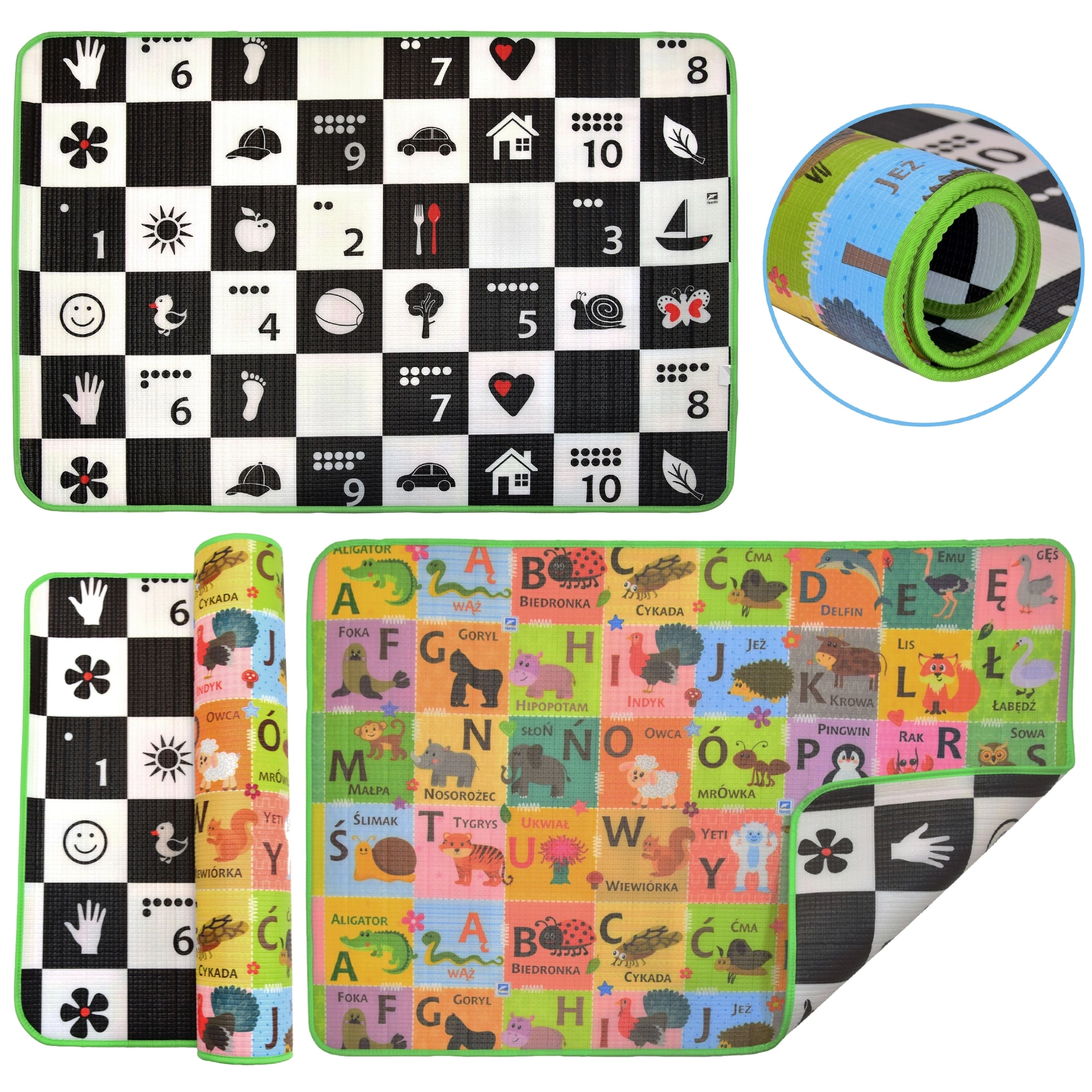 Humbi pěnová oboustranná vzdělávací podložka šachovnice 3v1 polská abeceda a čísla 150 × 100 × 1 cm