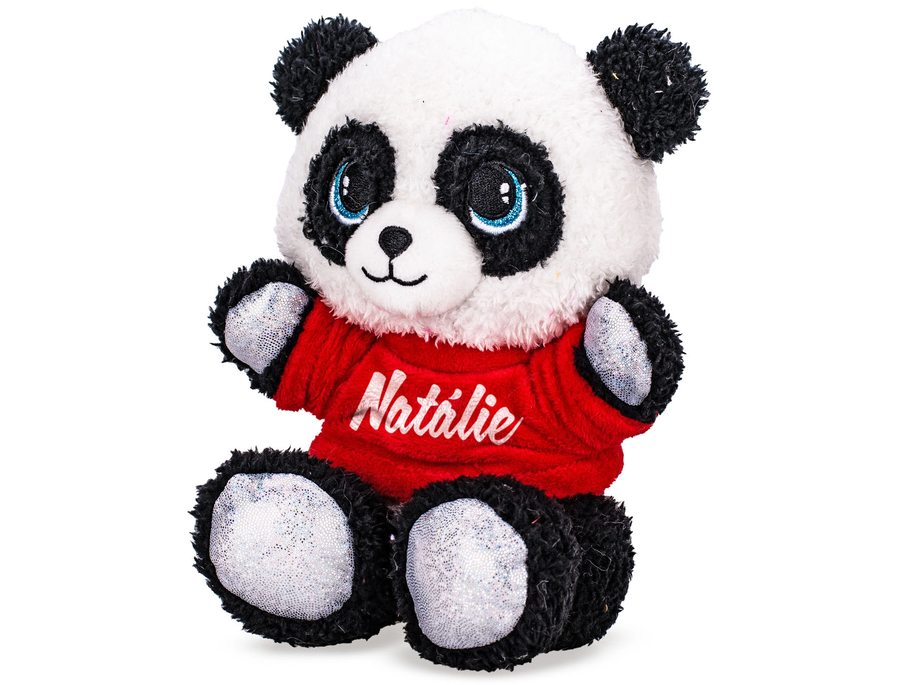 Plyšová panda v tričku s potiskem 17 cm (sedící)