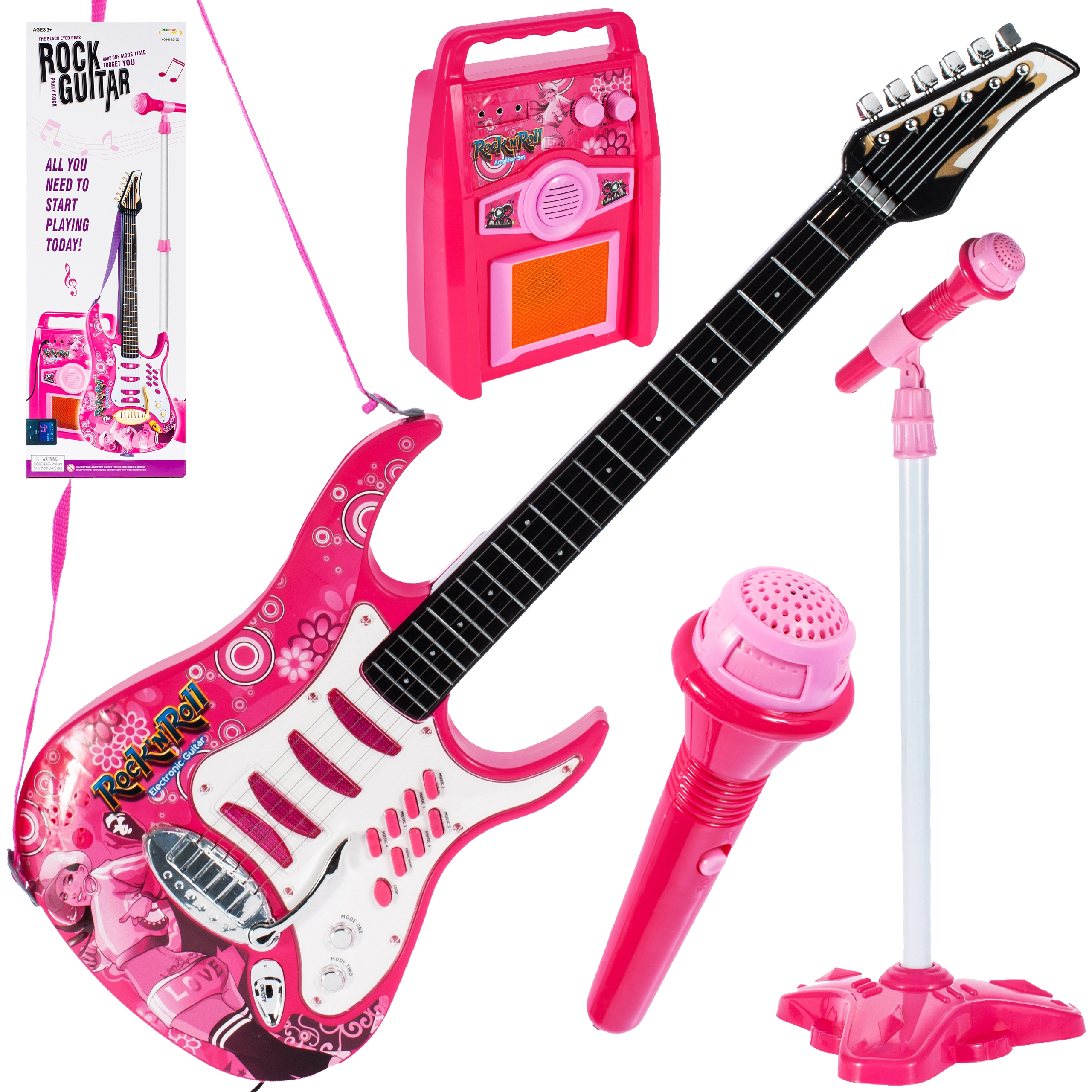 Růžová kytara se zesilovačem a mikrofonem