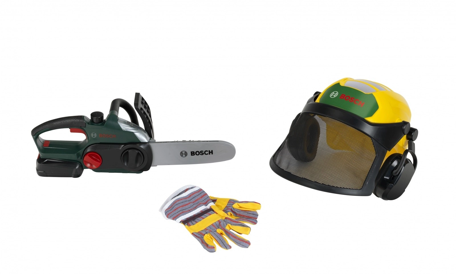 Dětská sada dřevorubce s motorovou pilou, štítem a rukavicemi BOSCH