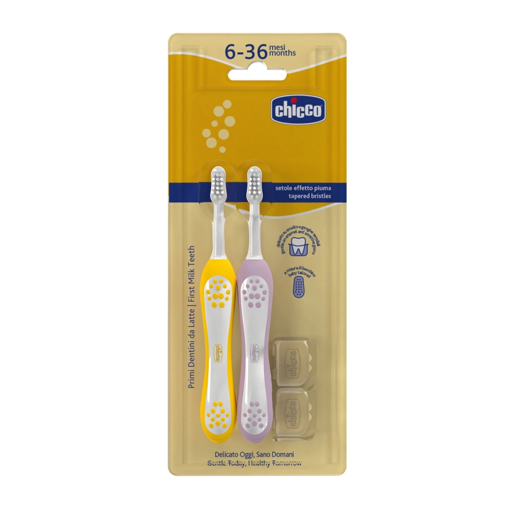 Chicco set dětských zubních kartáčků Lilac-Mustard 6–36 m, 2 ks