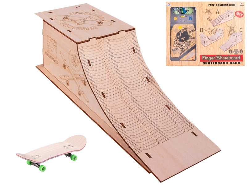 skateboard 10 cm s dřevěnou rampou – kovový mini fingerboard set
