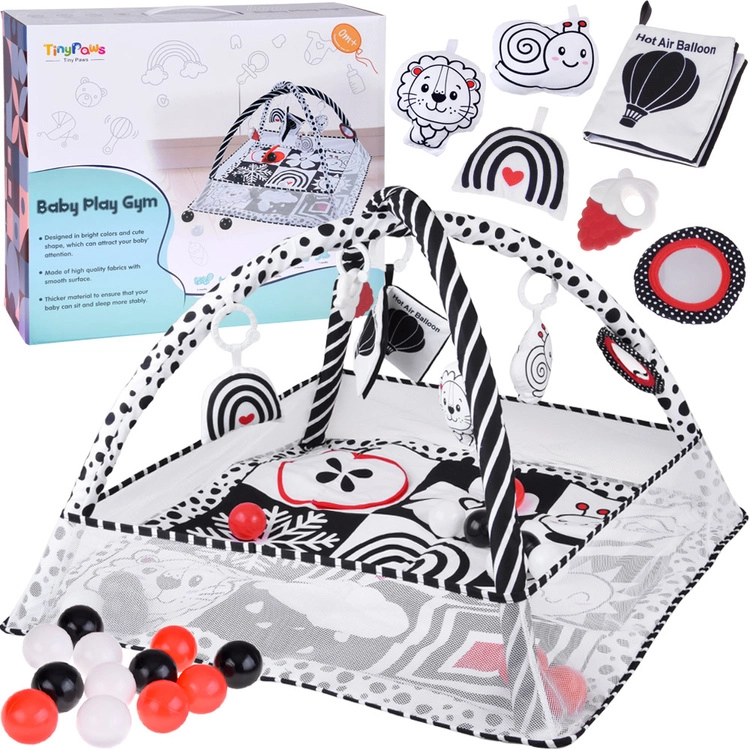 Kontrastní dětská hrací deka s ohrádkou a míčky, knížkou a šustítkem