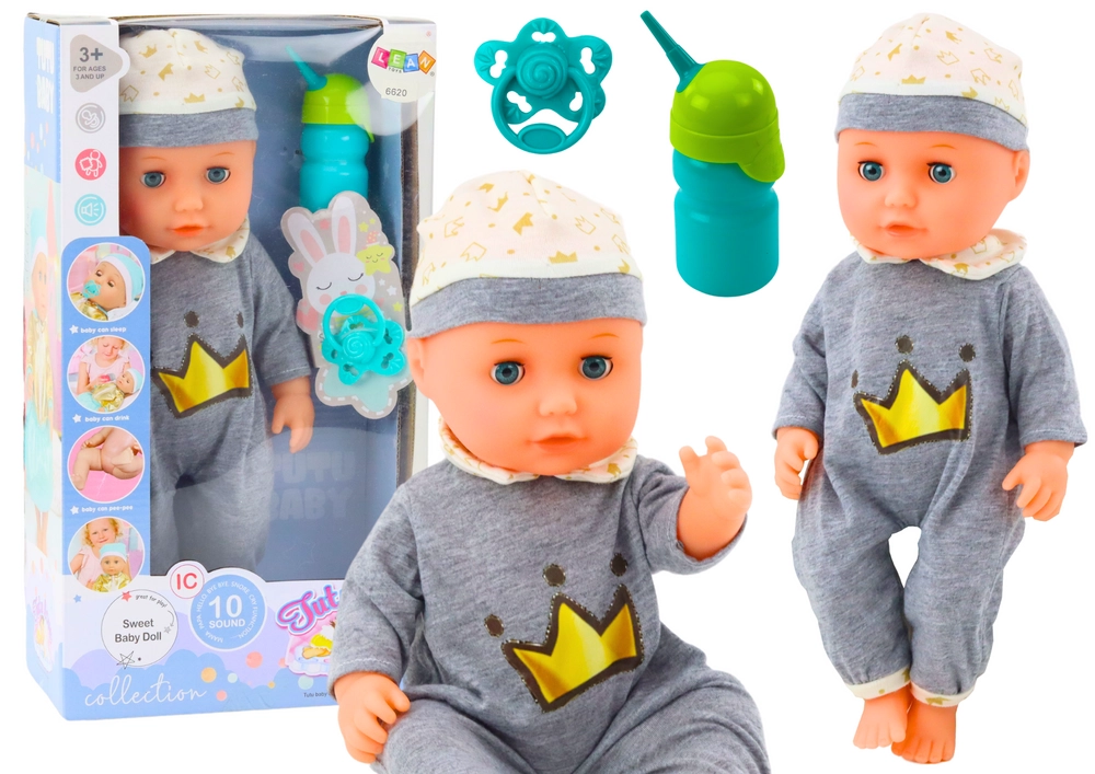 LEAN Toys panenka v šedém pyžamu čůrající láhev dudlík zvuky