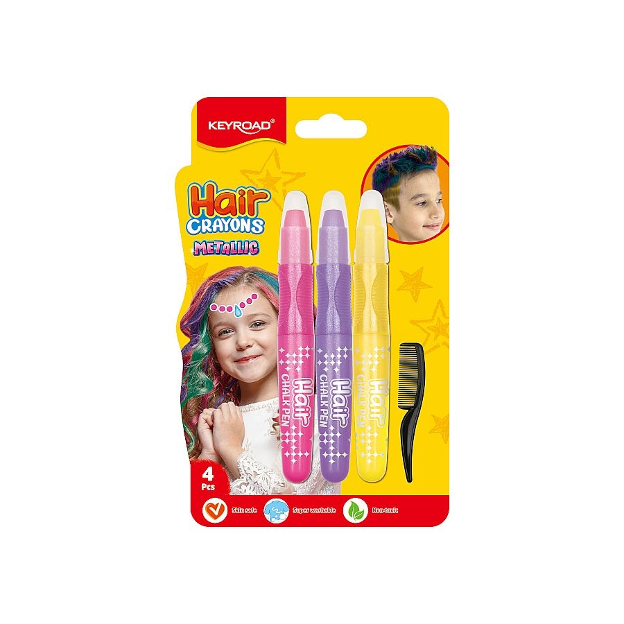 Levně Vlasové křídy Keyroad Metallic Shine – růžová, fialová a žlutá, s hřebenem