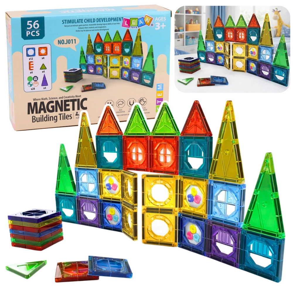 Magnetické stavebnice 3D s okénky, barevné panely, 56 dílů