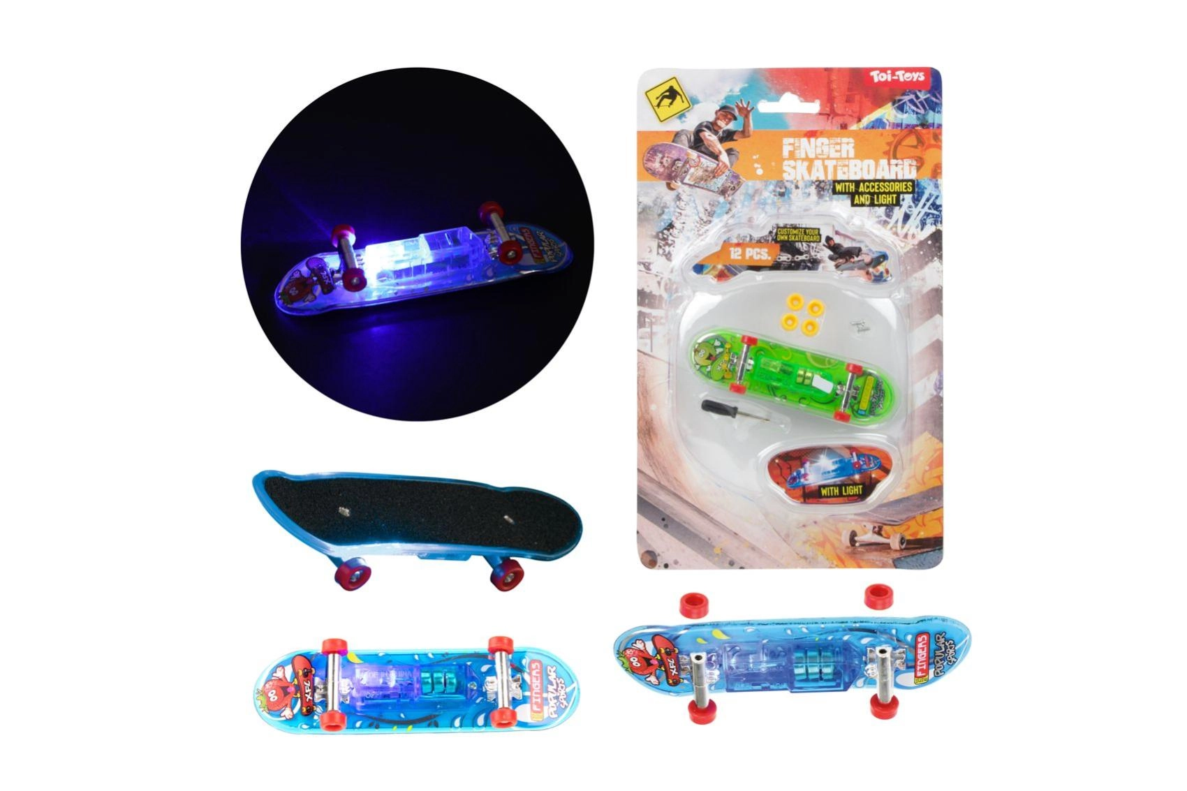 Prstový skateboard se světlem 9,5 cm – plastový mini fingerboard