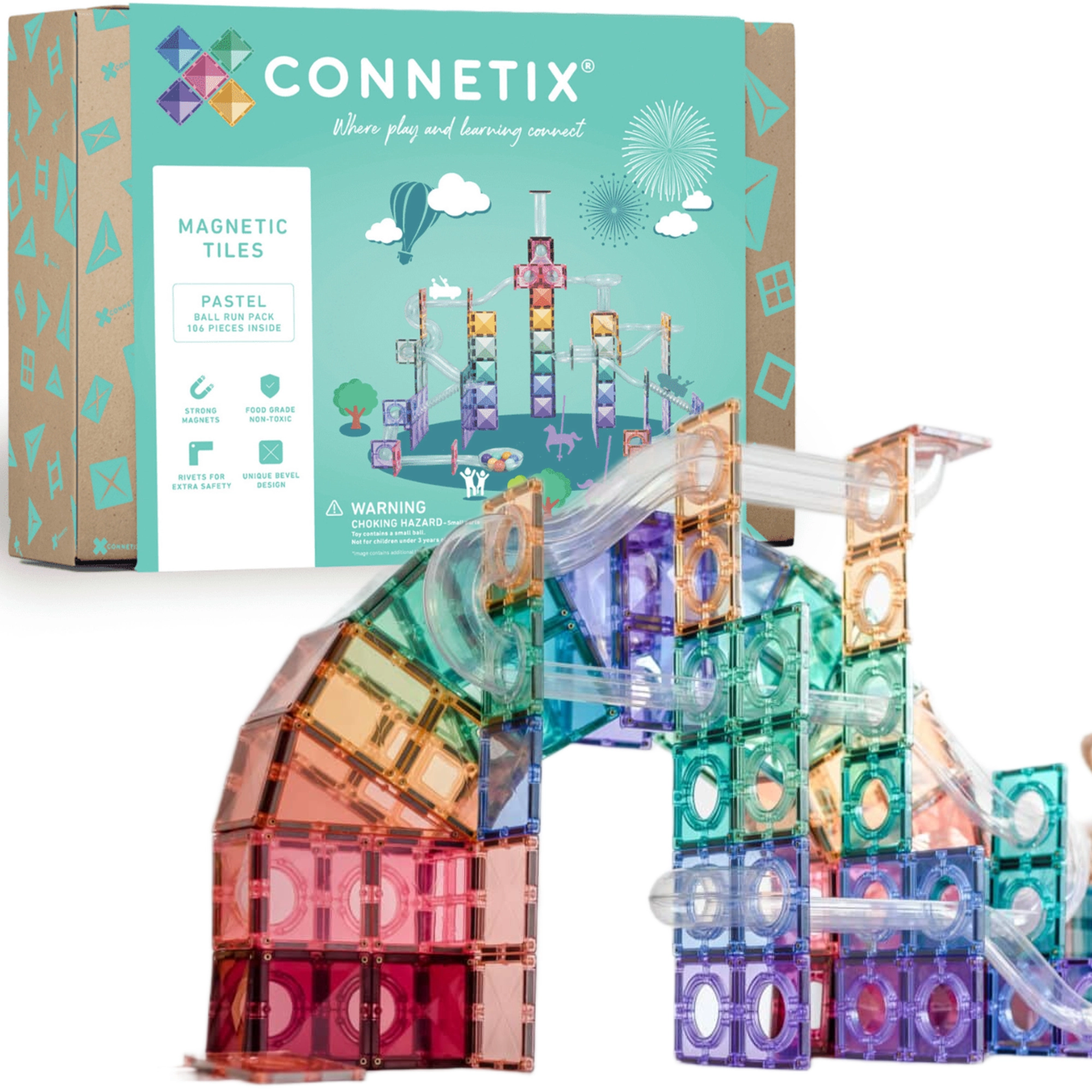 Connetix Pastel Ball Run sada magnetických stavebnic 106 ks s kuličkovou dráhou