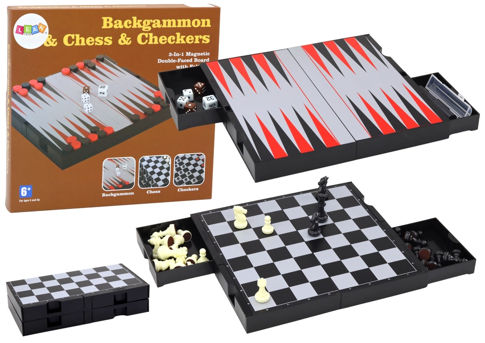LEAN Toys Herní sada 3v1 Magnetická deska Šachy Dáma Backgammon