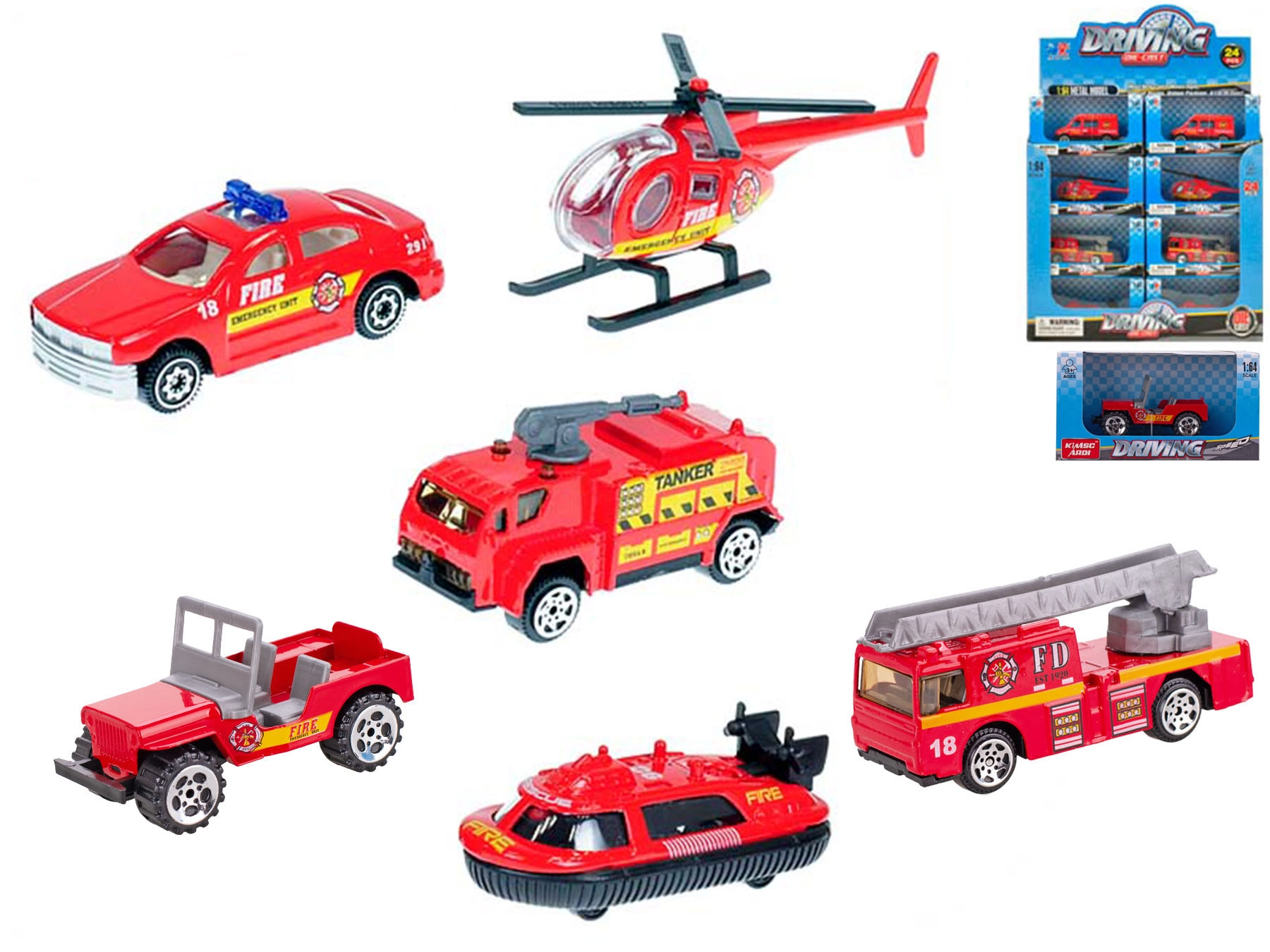 Sada kovových hasičských vozidel 1:64, volný chod (6 druhů)
