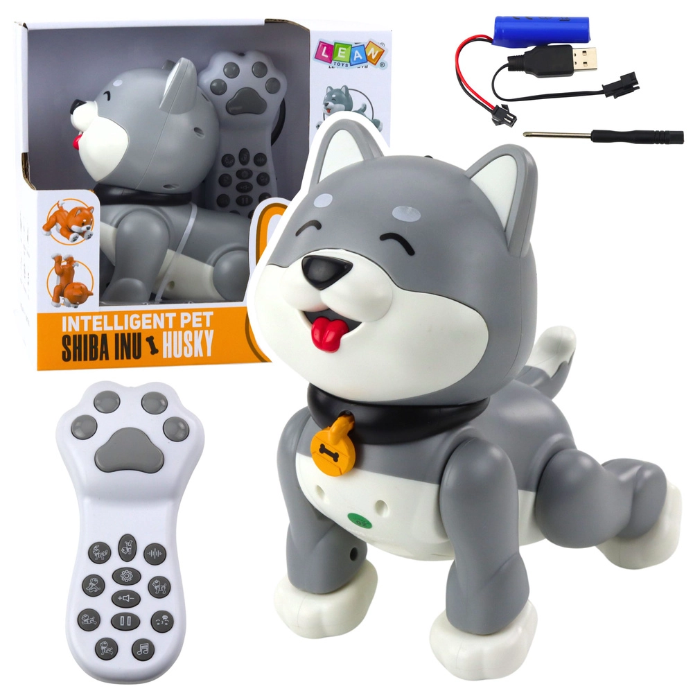 Interaktivní robotický pes Husky na dálkové ovládání a hlasové povely – šedý