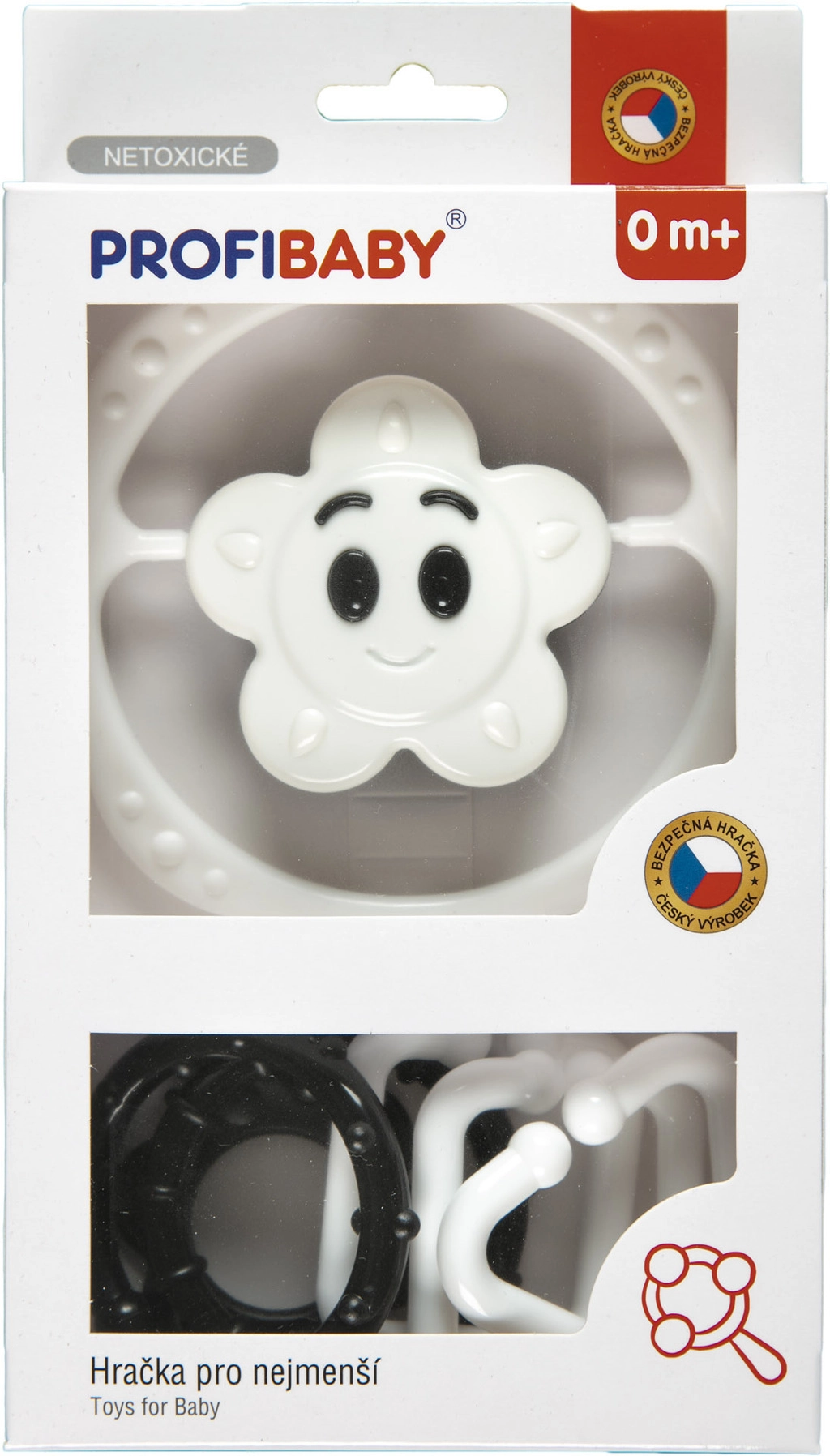 Levně Profibaby Chrastítko hvězdička/kytička + kroužky černobílé plast v krabičce 12,5x23x3cm