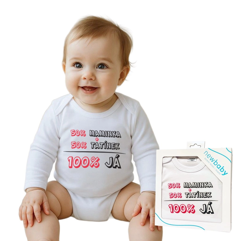 Kojenecké body s potiskem 50 % maminka + 50 % tatínek – 100 % já, růžové, dárkové balení