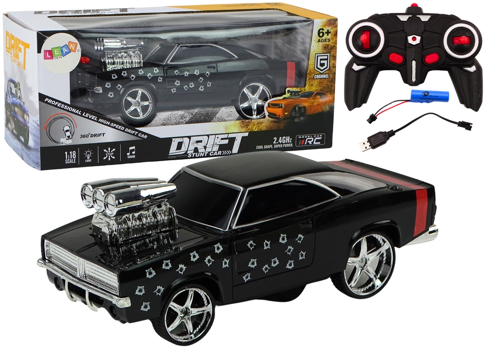 Dálkově ovládaný 1:18 Drift 360 Světla Zvuky Černá