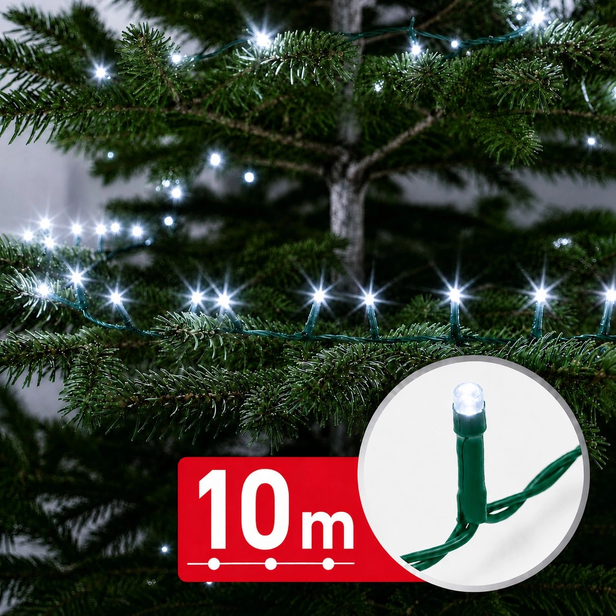 LED světelný řetěz 10 m, 200 LED, studená bílá, zelený kabel