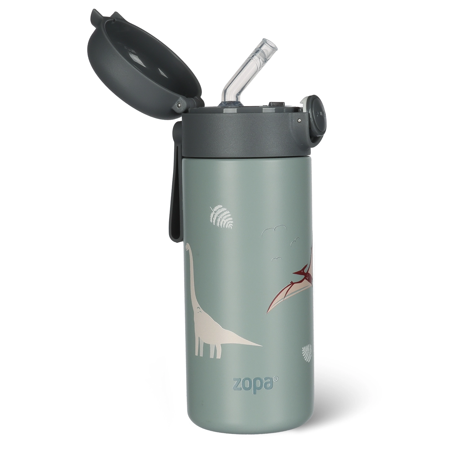 Dětská termo láhev s brčkem a silikonovým držákem 350 ml Dino