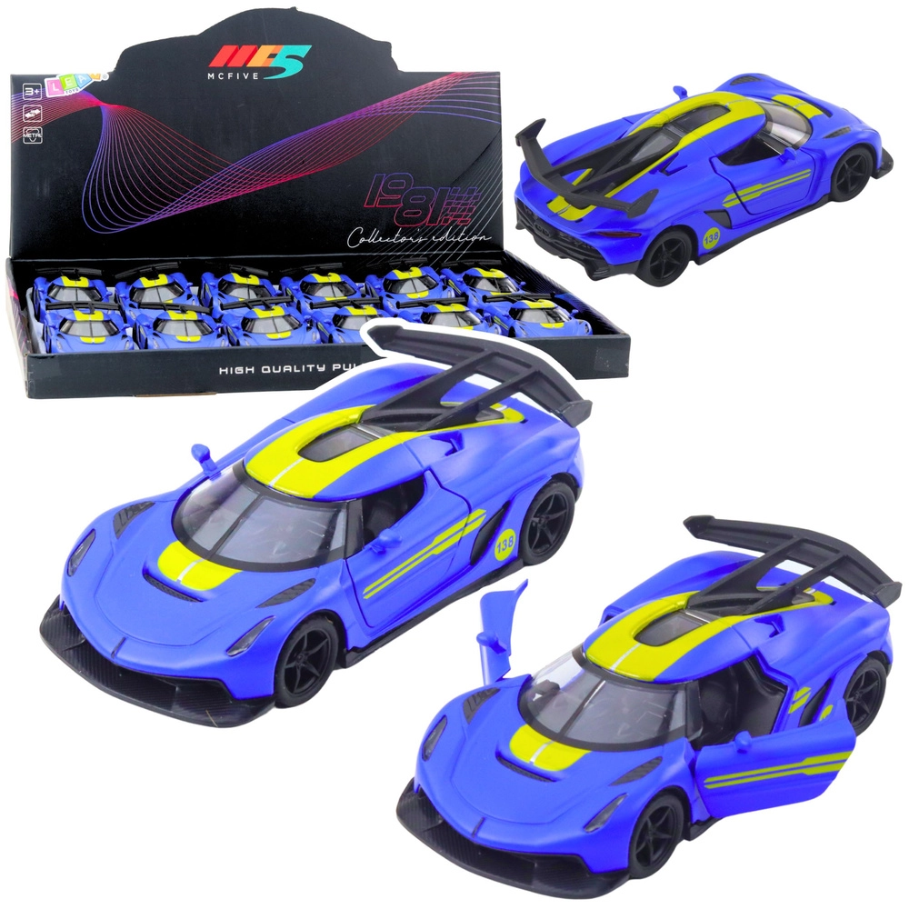 Kovové sportovní autíčko 1:32 s pull-back pohonem a otevíracími dveřmi – modré