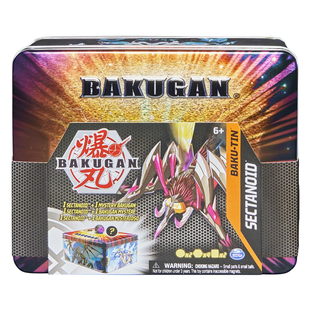 Bakugan Baku-Tin plechová krabička na sbírku + 2 figurky a karty Sectanoid