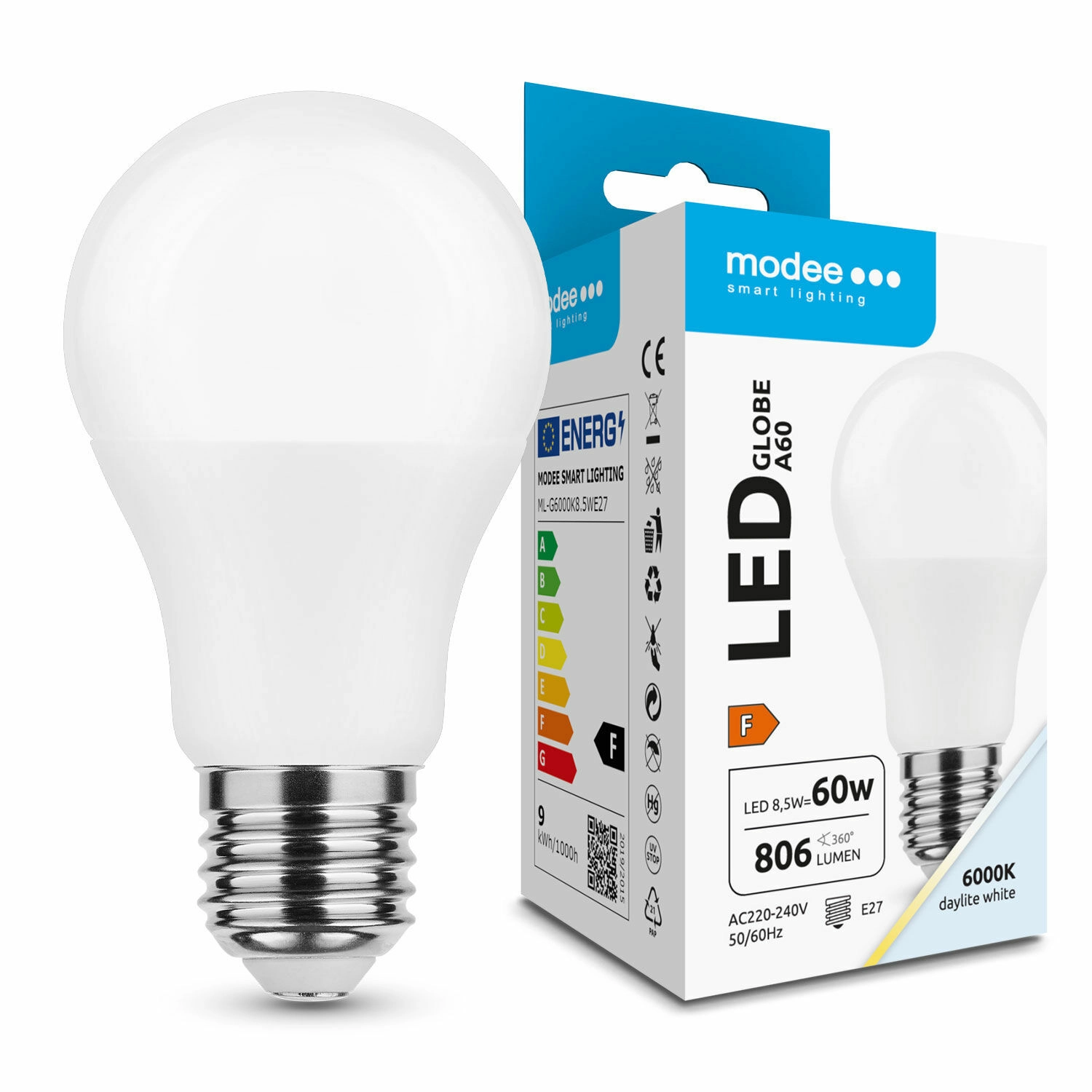Modee Smart Lighting LED Globe žárovka E27 8,5W studená bílá ML-G6000K8,5WE27