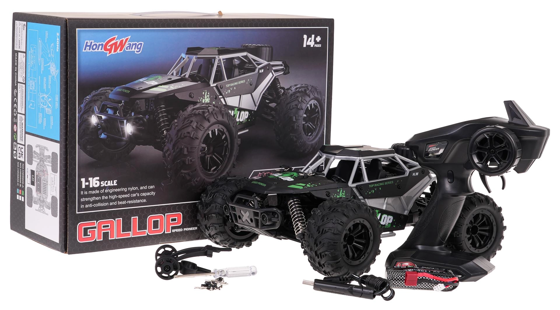 RC crawler GALLOP 1:16 4x4 s kovovou karoserií – Zielony