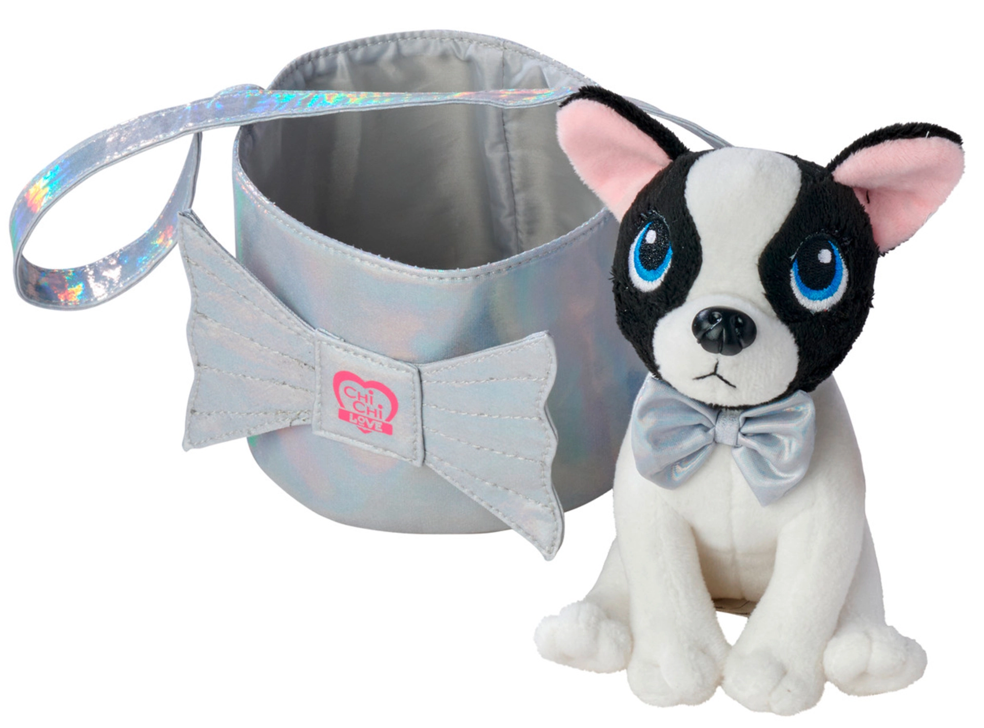 Chi Chi Love Shimmer plyšový černo‑bílý pejsek v kabelce