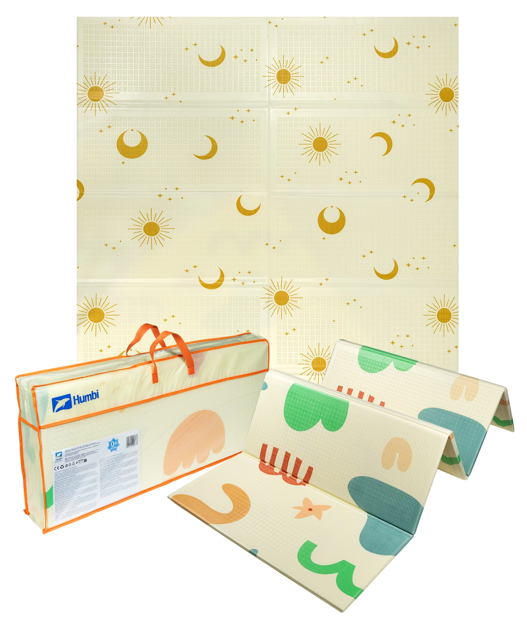 Velká oboustranná skládací pěnová podložka HUMBI 200 × 180 cm XPE se vzory slunce a měsíce