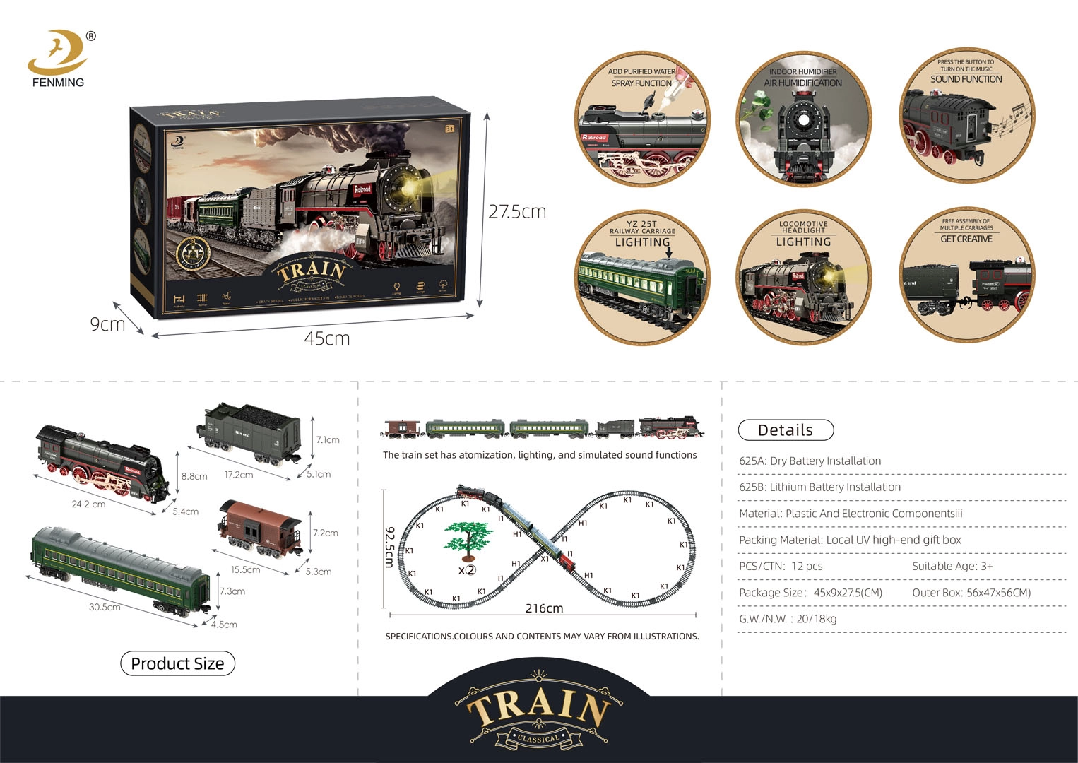 Retro vláček se světly, zvuky a kouřem 216 cm