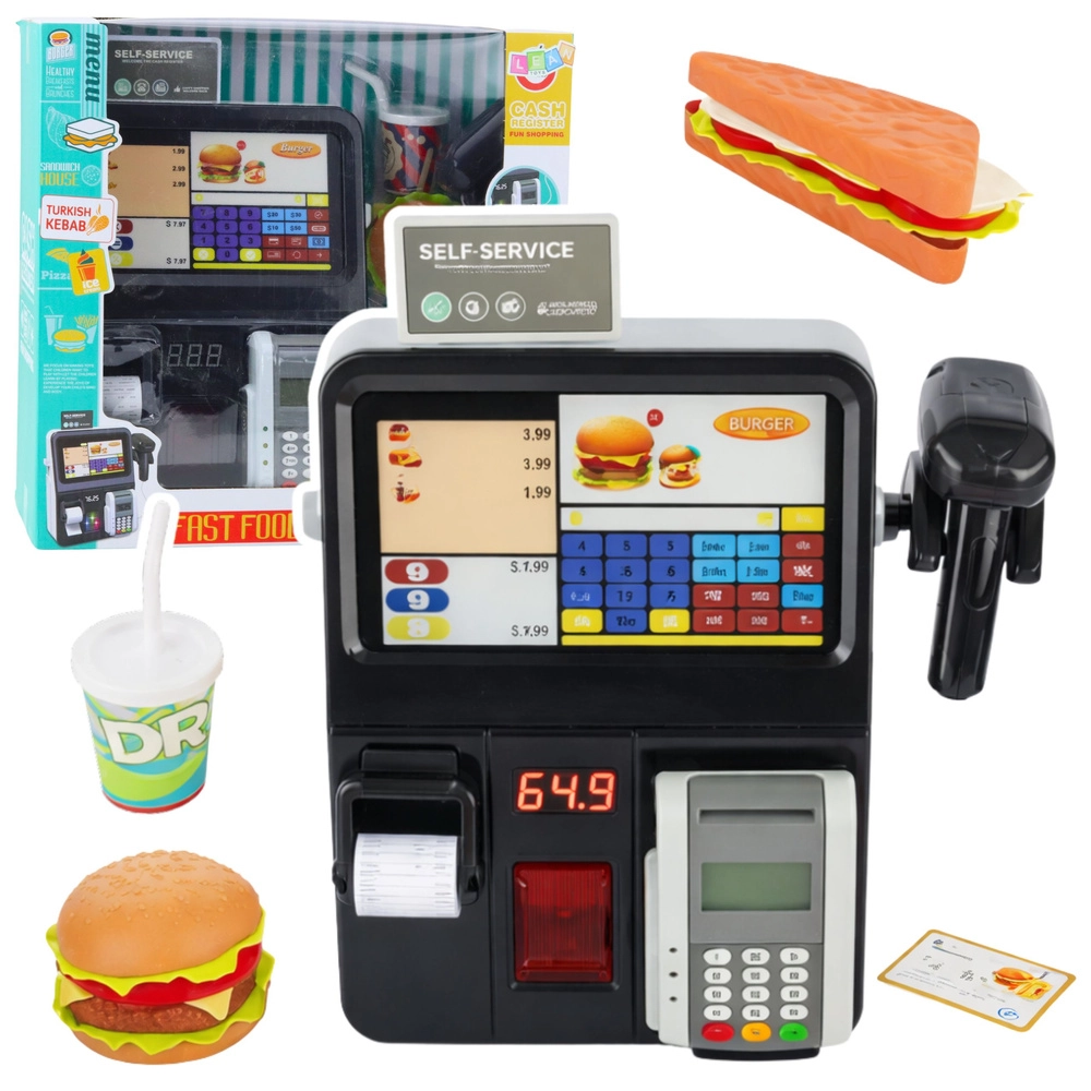 Dětská samoobslužná pokladna s terminálem a skenerem – FAST FOOD set se světly a zvuky