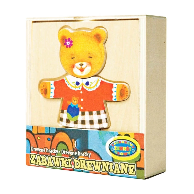 oblékni medvídka – dřevěná skládačka s oblečky v krabičce