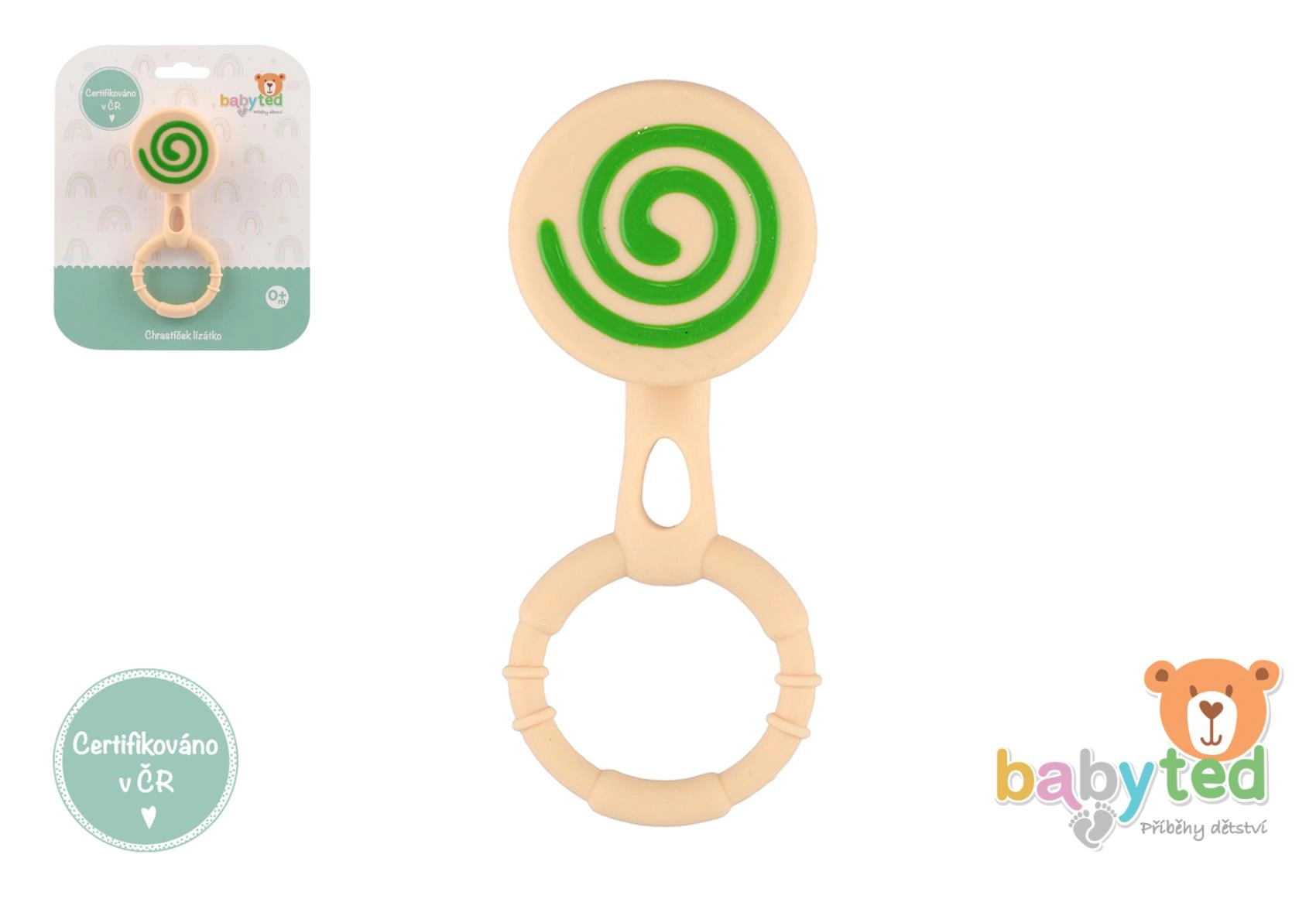 Silikonové chrastítko a kousátko lízátko pro miminka 0m+