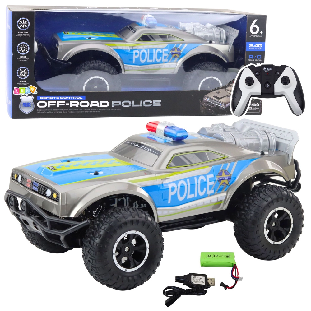 Policejní terénní auto na dálkové ovládání RC 1:8, stříbrné