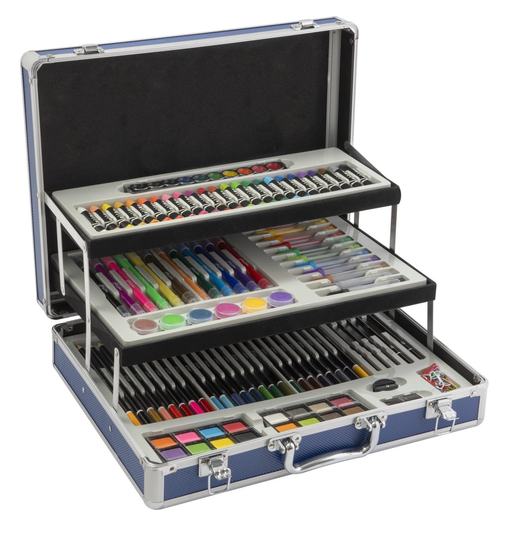 Kovový rozkládací malířský kufřík – kompletní výtvarný set 140 ks