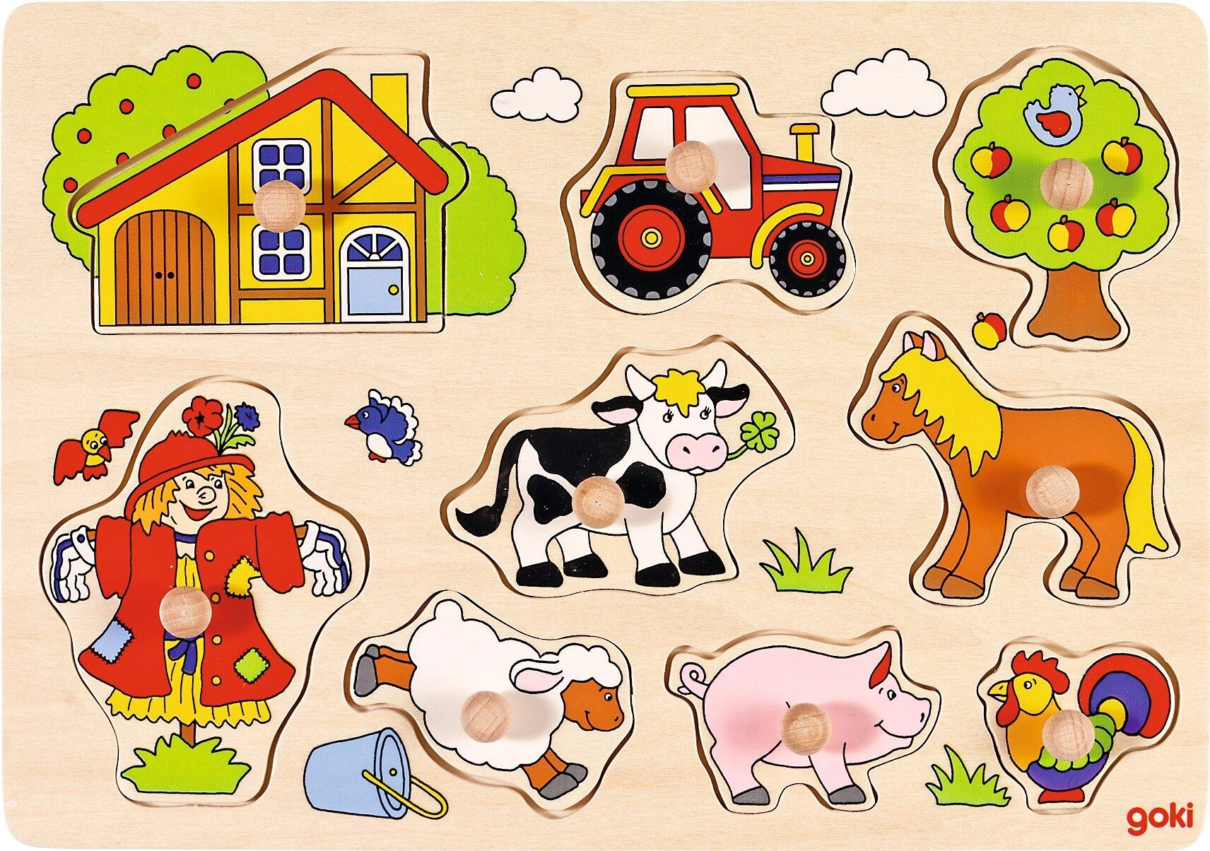 Vkládací dřevěné puzzle farma s úchyty