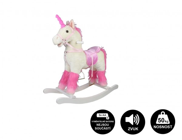 Teddies kůň houpací bílý jednorožec plyš na baterie 71cm se zvukem a pohybem nosnost 50kg