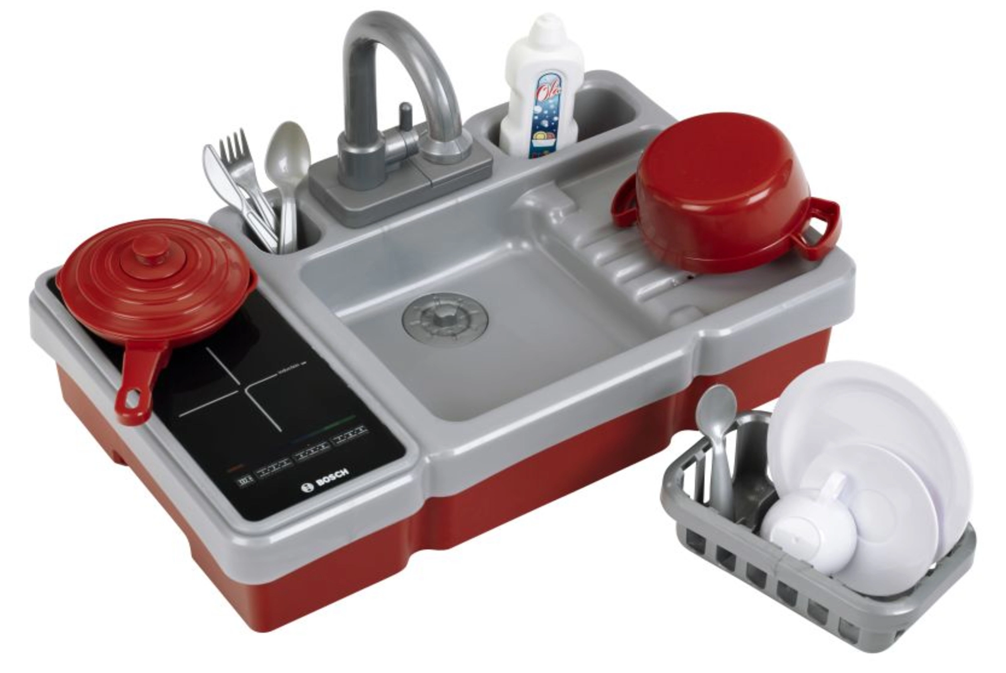 Dětský dřez s tekoucí vodou a indukční varnou deskou BOSCH mini – set s doplňky 3+