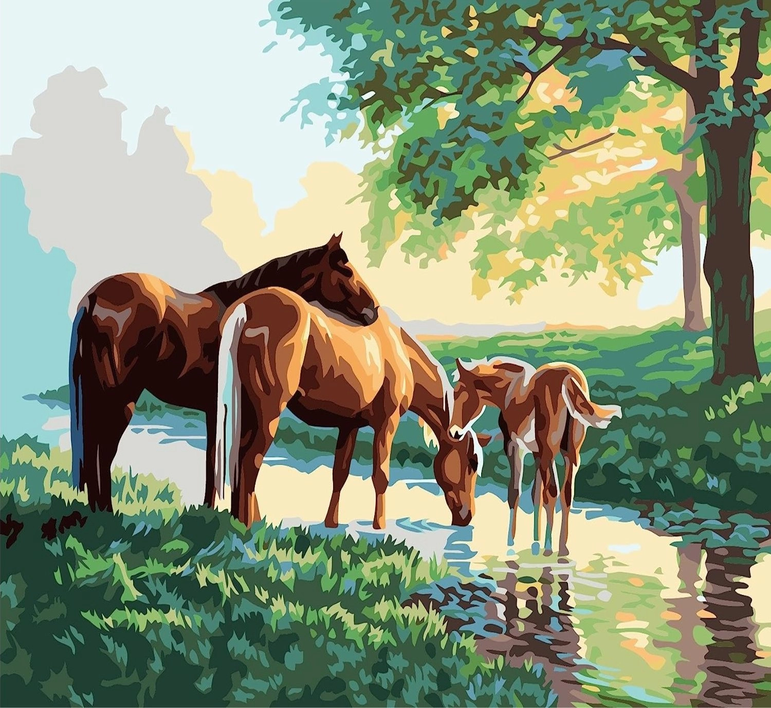 Malování podle čísel Koňská rodina u potoka 40 × 50 cm