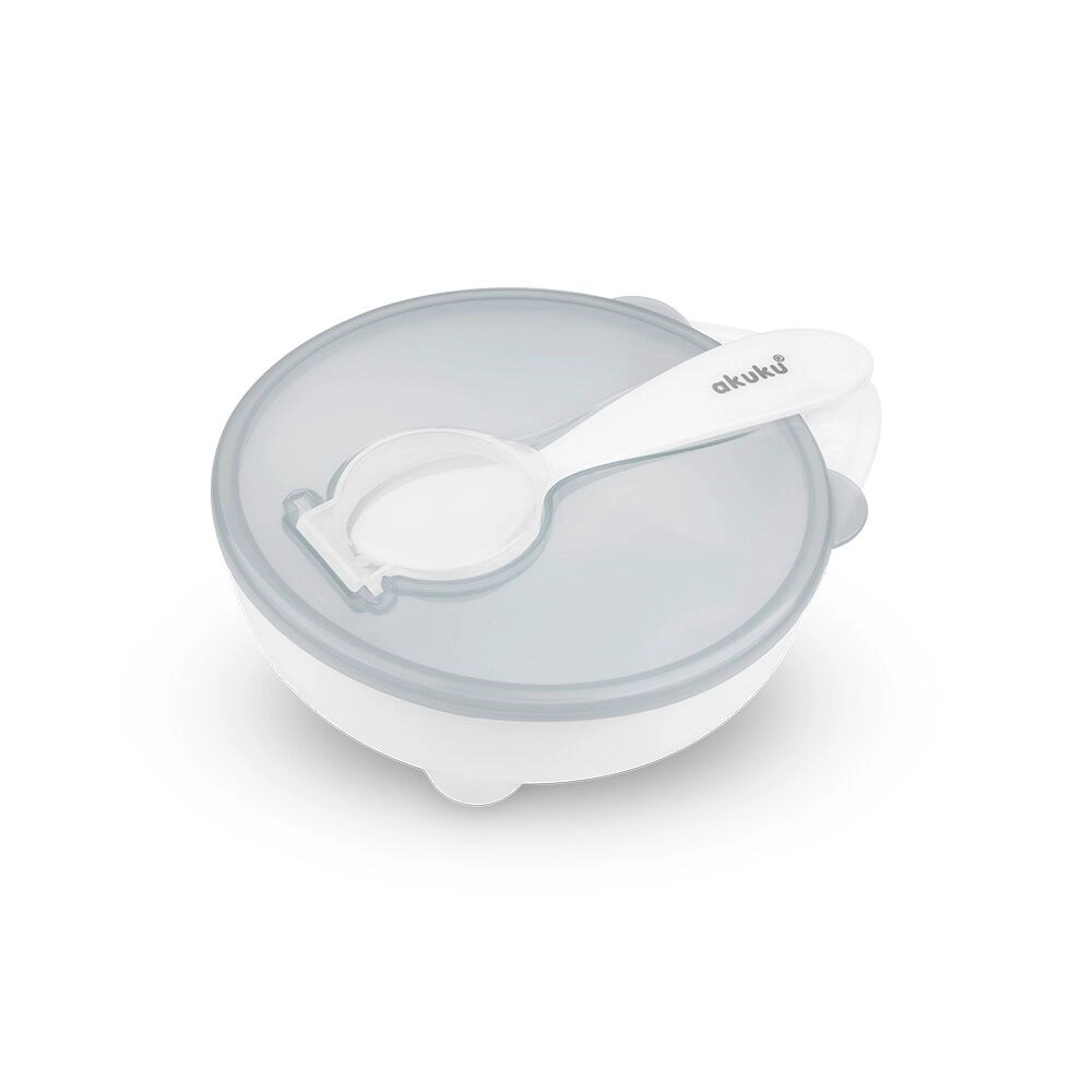 Miska a lžička AKUKU bílá s víčkem