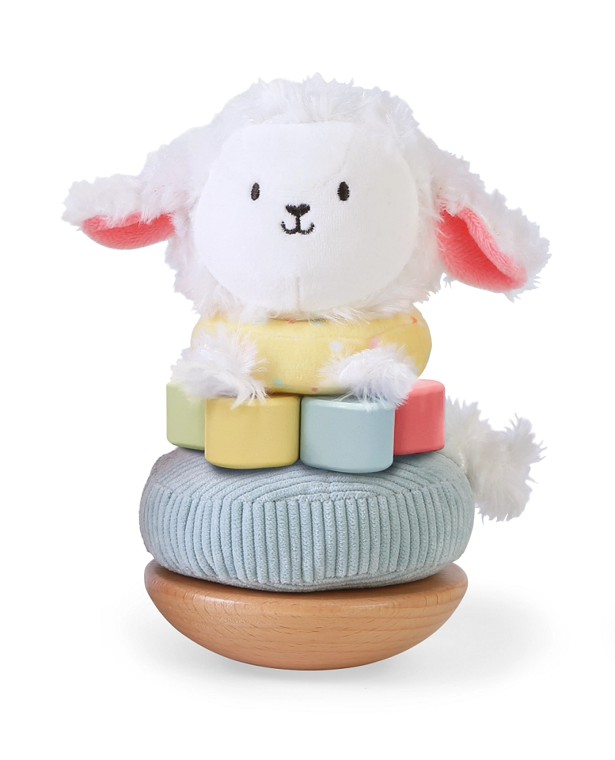 Nasazovací kroužky Ovečka – plyšovo-dřevěná stohovací hračka pro nejmenší