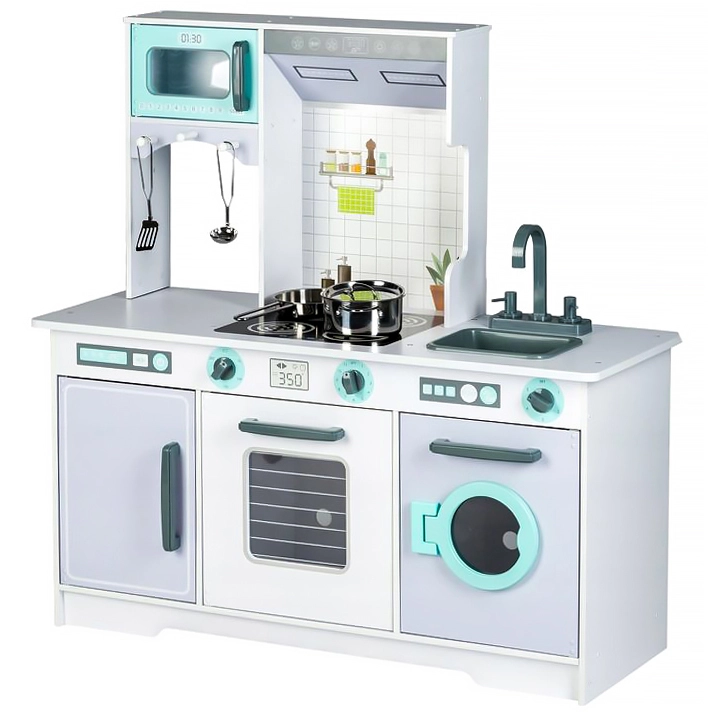 Eco Toys Dřevěná kuchyňka XXL s pračkou + kuchyňské doplňky 96,5 cm