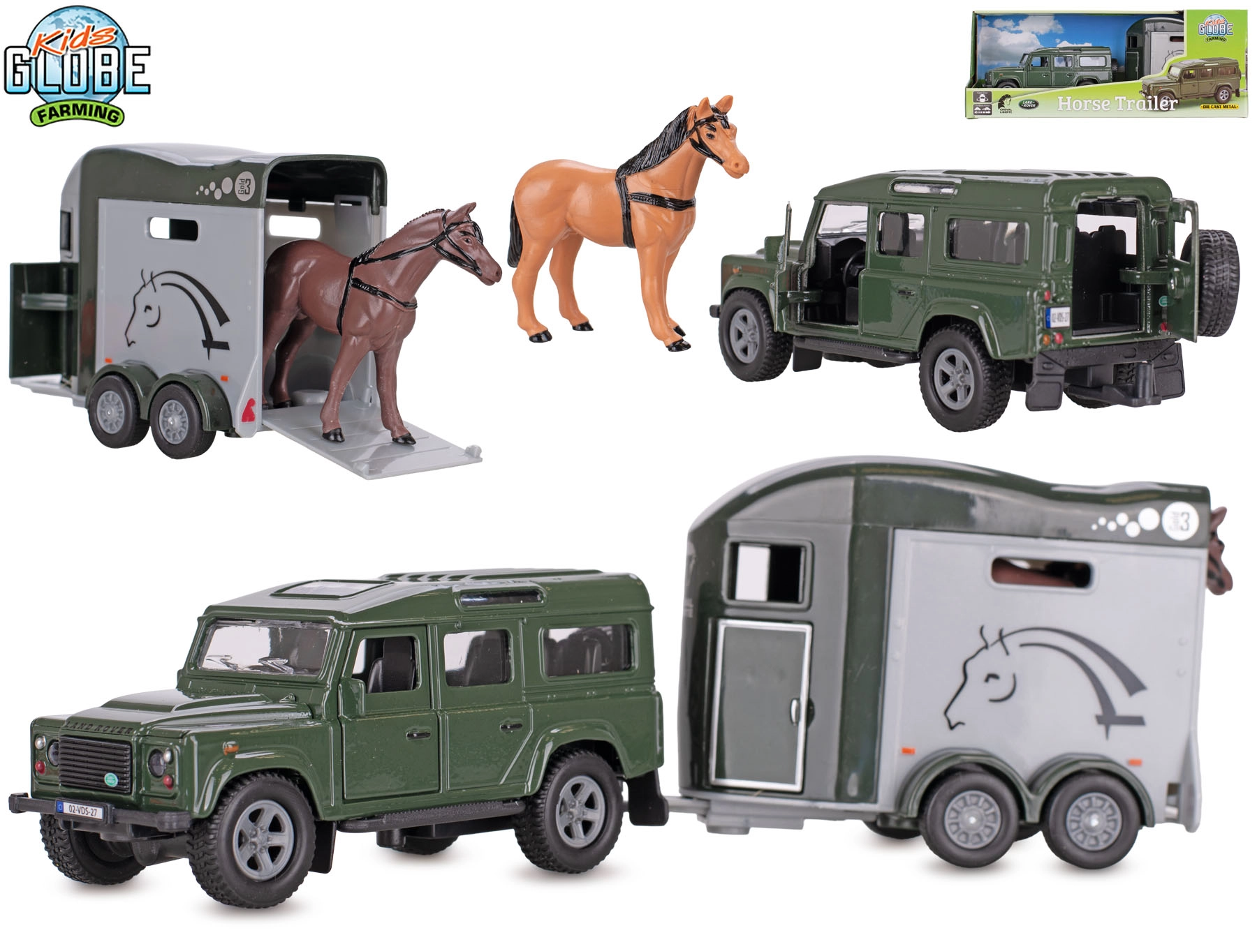 Kids Globe Farming Land Rover s přívěsem pro koně pull-back
