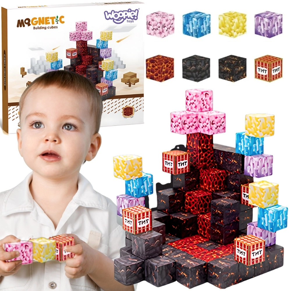 Woopie magnetické stavebnice – kubické magnetické kostky inspirované světem Minecraft, 74 dílů