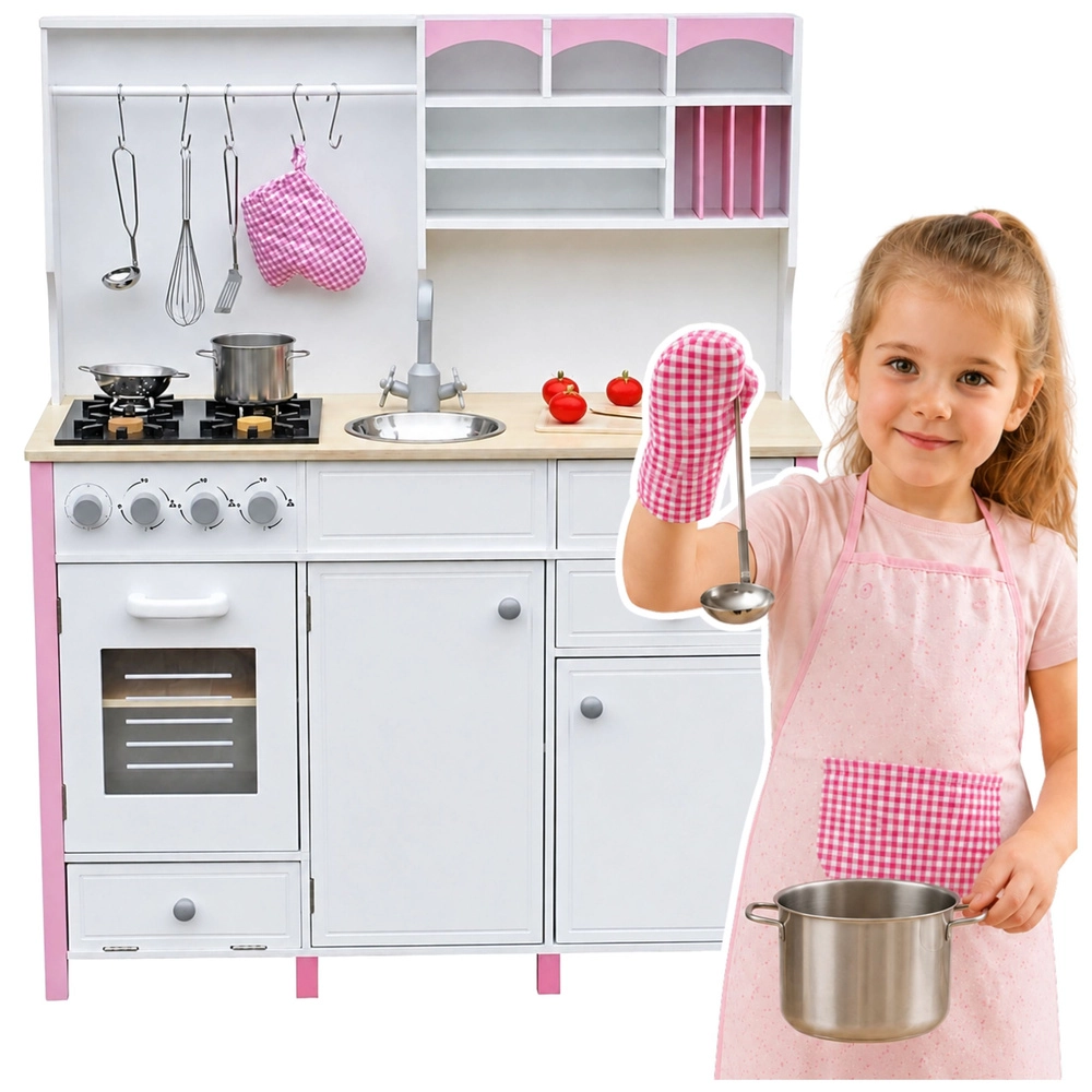LEANToys Dětská dřevěná kuchyňka růžovo-bílá