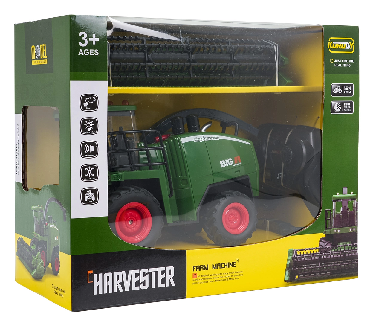 Zelený RC kombajn s kouřovým efektem 1:24