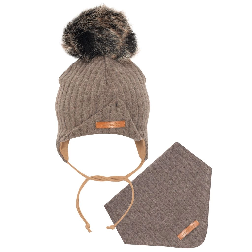 Kojenecká zimní čepice s oušky a šátkem na krk NEW BABY Special One hnědá