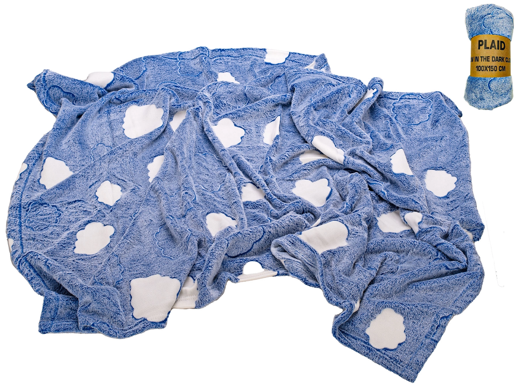 Svítící deka z mikroflanelu modrá s obláčky 100 × 150 cm