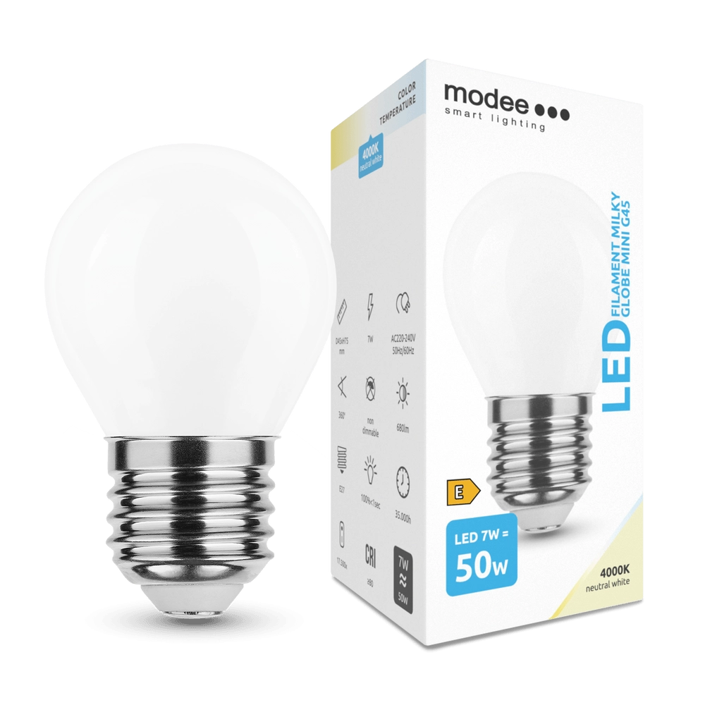LED filamentová žárovka Modee Milky Globe Mini E27 7 W neutrální bílá
